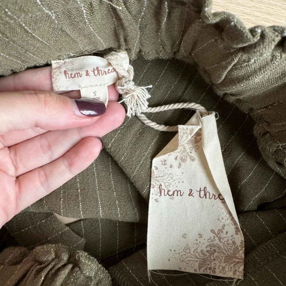 NEW HEM & THREAD Small Green Stripe‎ Linen Blend Shorts Elastic High Waist
